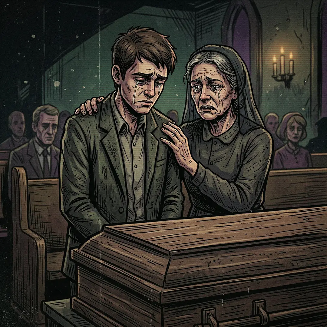 A funeral scene, suggesting loss and grief in Edward’s family.