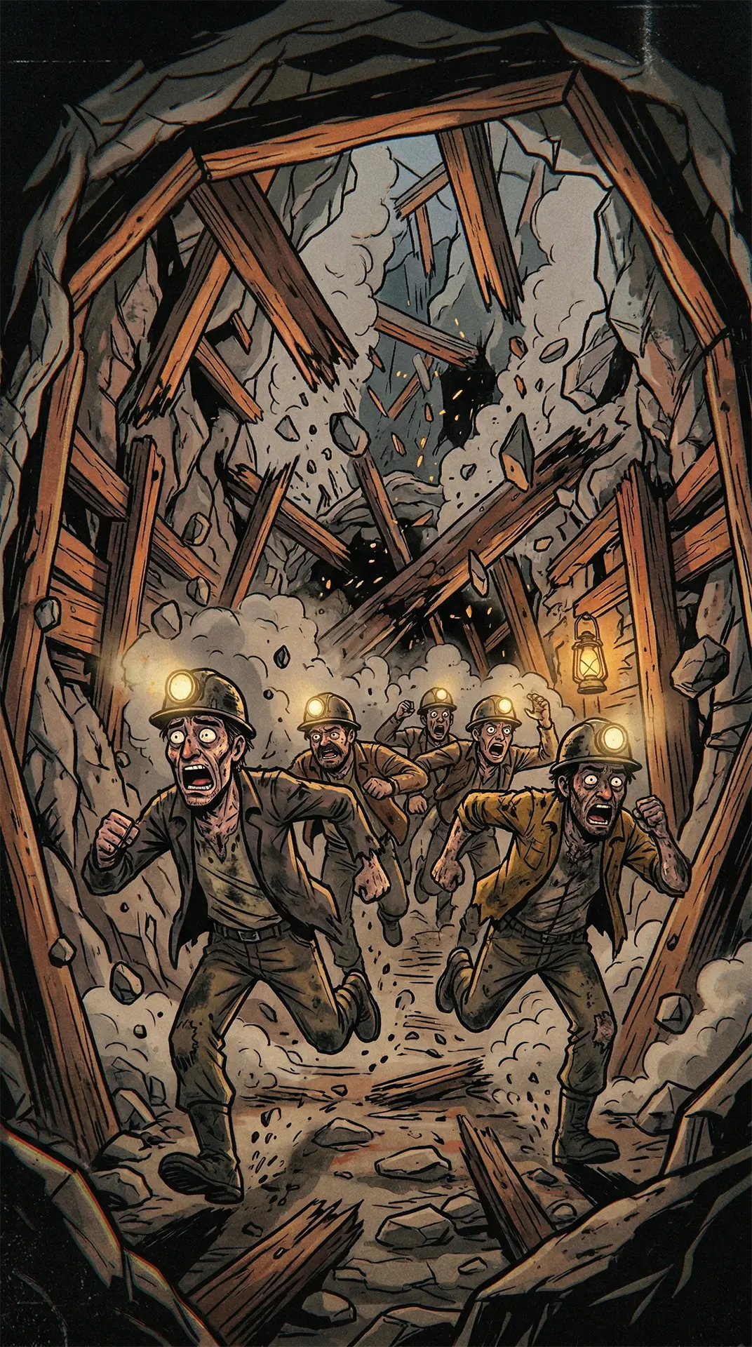 Miners in a dark coal mine, evoking Edward Tandy’s father’s fatal accident.