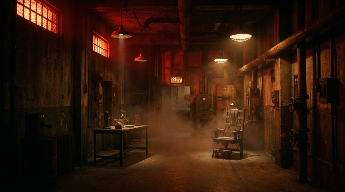 Interior of a dark horror escape room with moody red lighting and grungy basement atmosphere