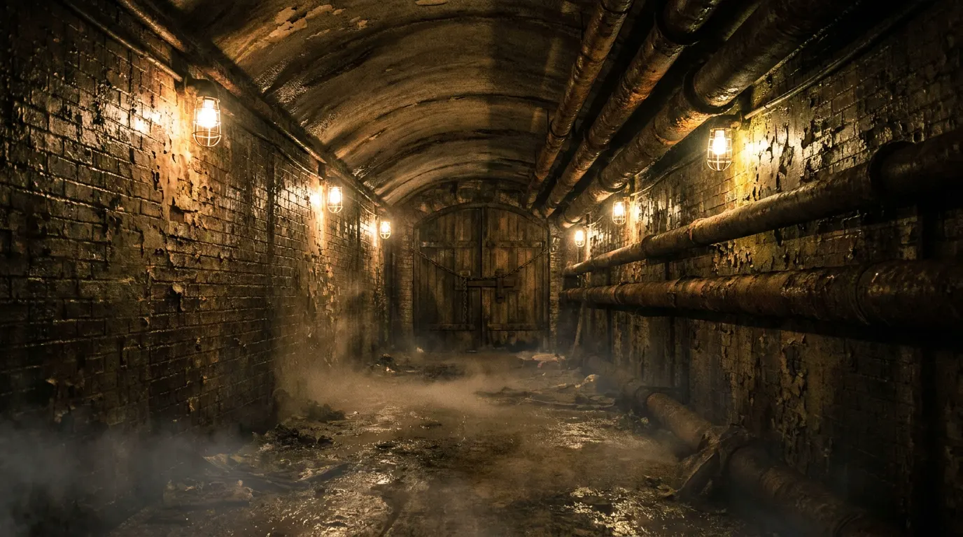 Dark underground corridor inside a horror escape room, dim amber lighting, fog low on the floor