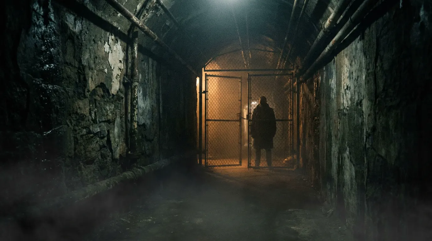 Dark atmospheric corridor inside a horror escape room with dim red lighting and thick fog