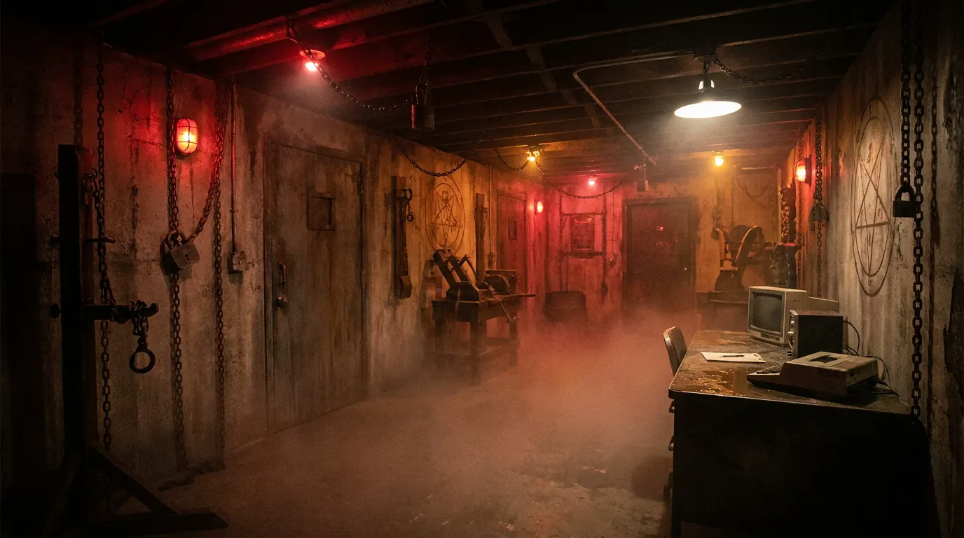 Dark cinematic horror escape room interior with dim red lighting and theatrical fog, locked chains on weathered doors