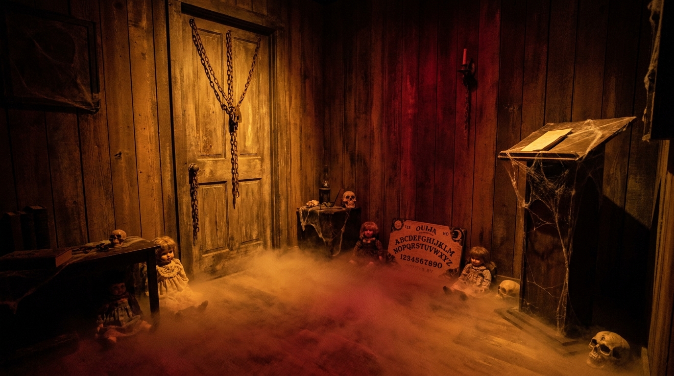 Dark atmospheric horror escape room interior with amber lighting and fog, Kansas City