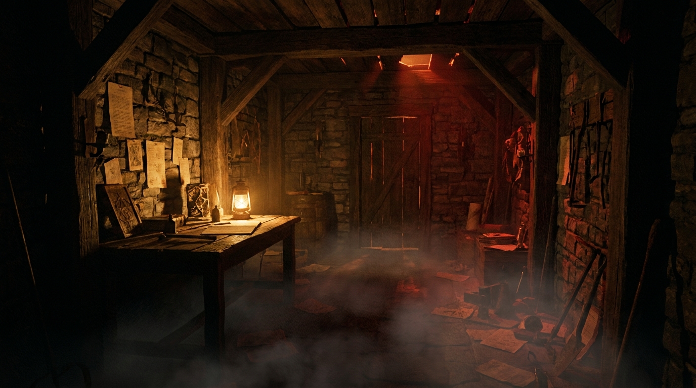 A dark, atmospheric horror escape room interior with dim amber lighting, aged props, and cinematic fog
