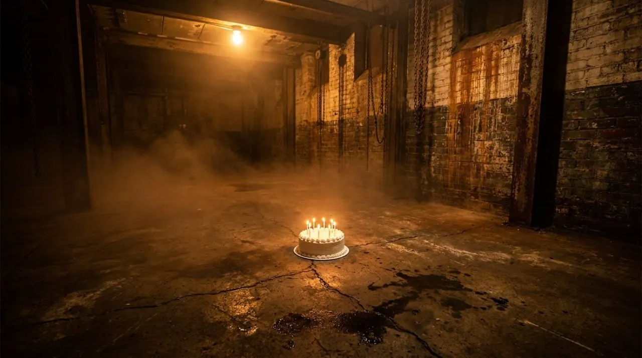 Dark atmospheric horror escape room interior with dim red lighting, industrial metal walls, and thick fog