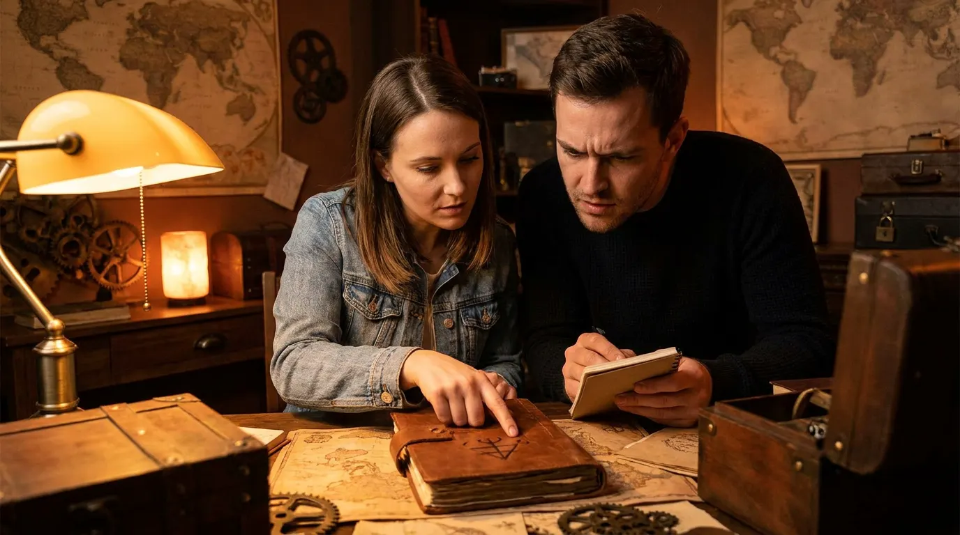 A couple working together in an escape room, engaged and focused, collaborative moment captured