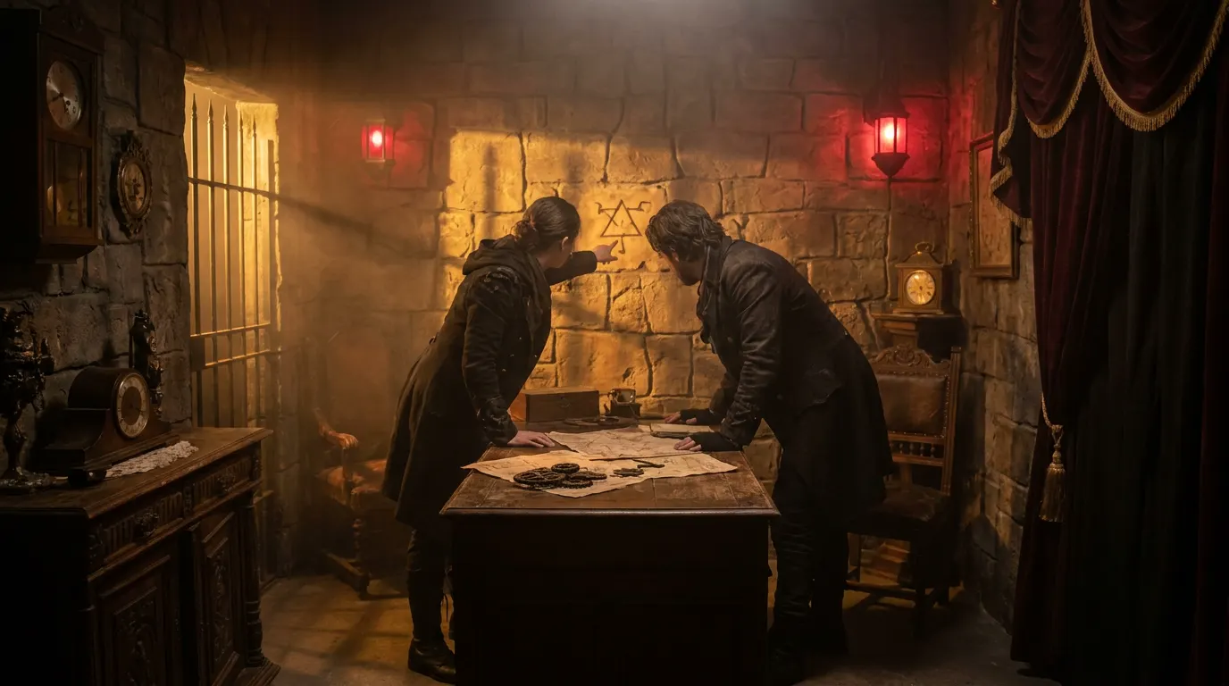 Two people collaborating on a puzzle inside an atmospheric escape room