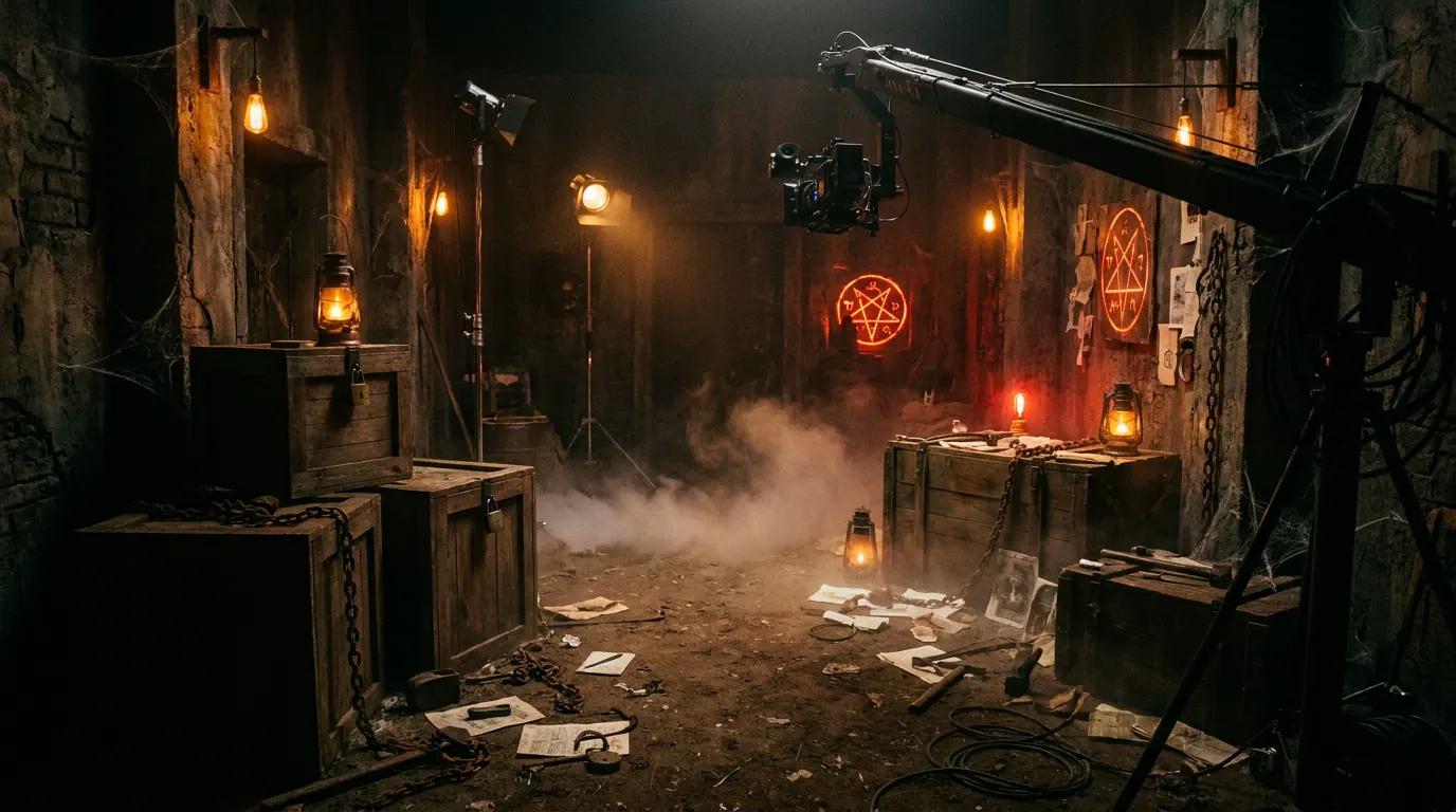 Dark cinematic interior of an immersive horror escape room with dim amber lighting and grimy props