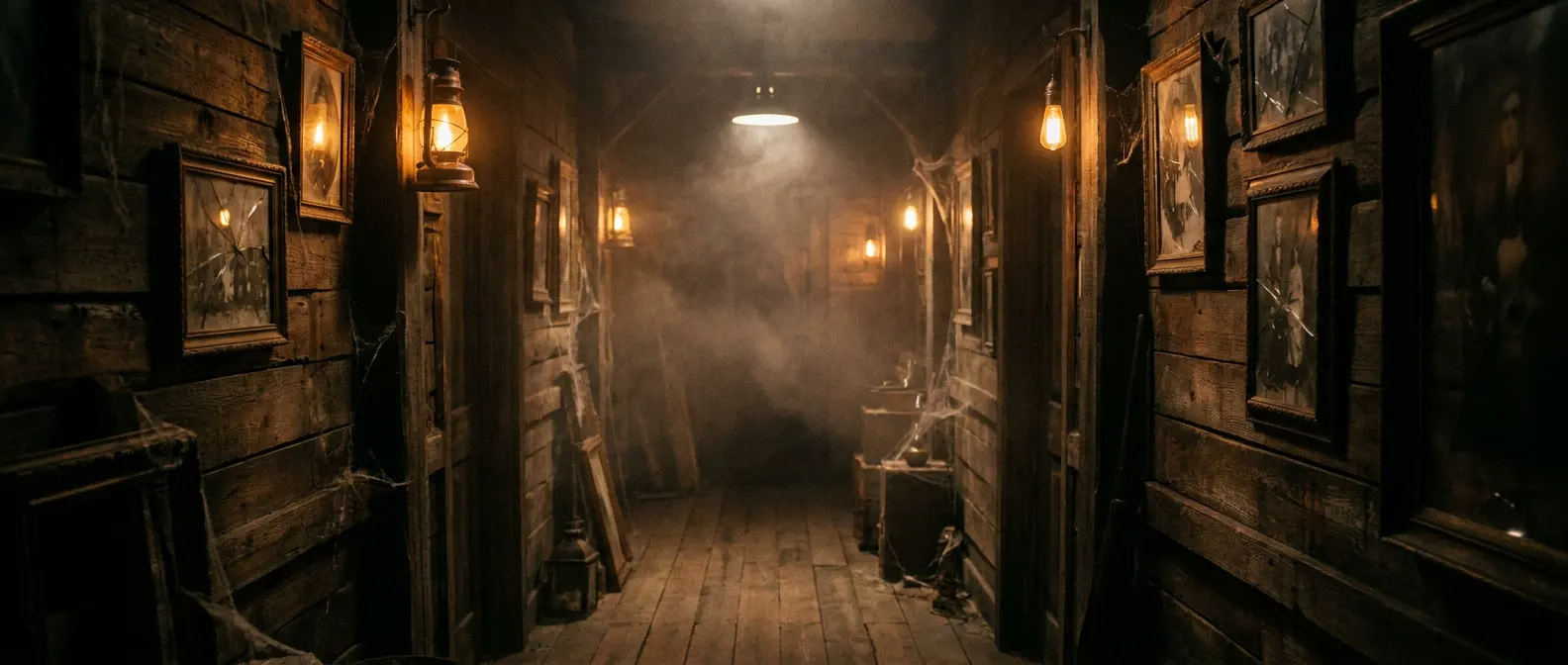 Dimly lit corridor inside a horror escape room, amber light and atmospheric haze, worn wooden walls