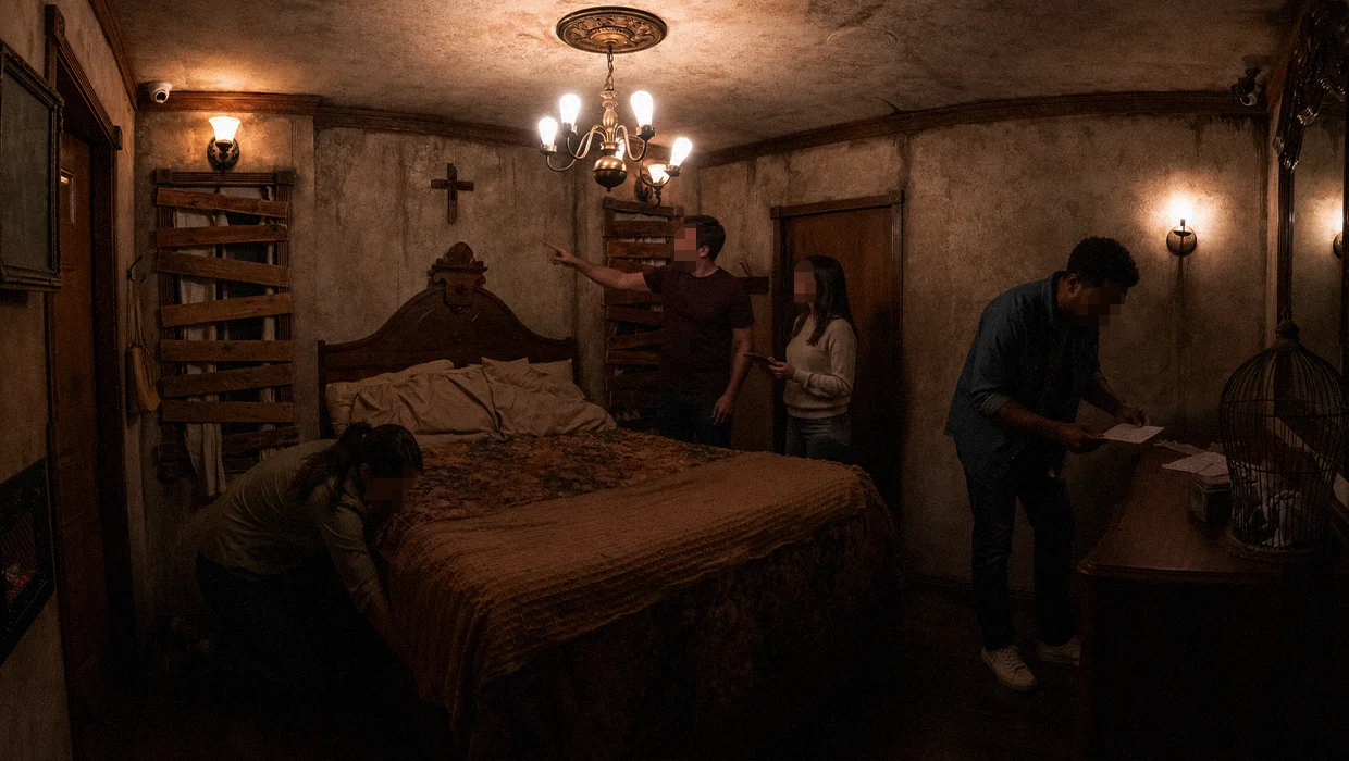 The Study escape room interior at The Basement Los Angeles — dim lighting, aged furniture, actor-driven horror
