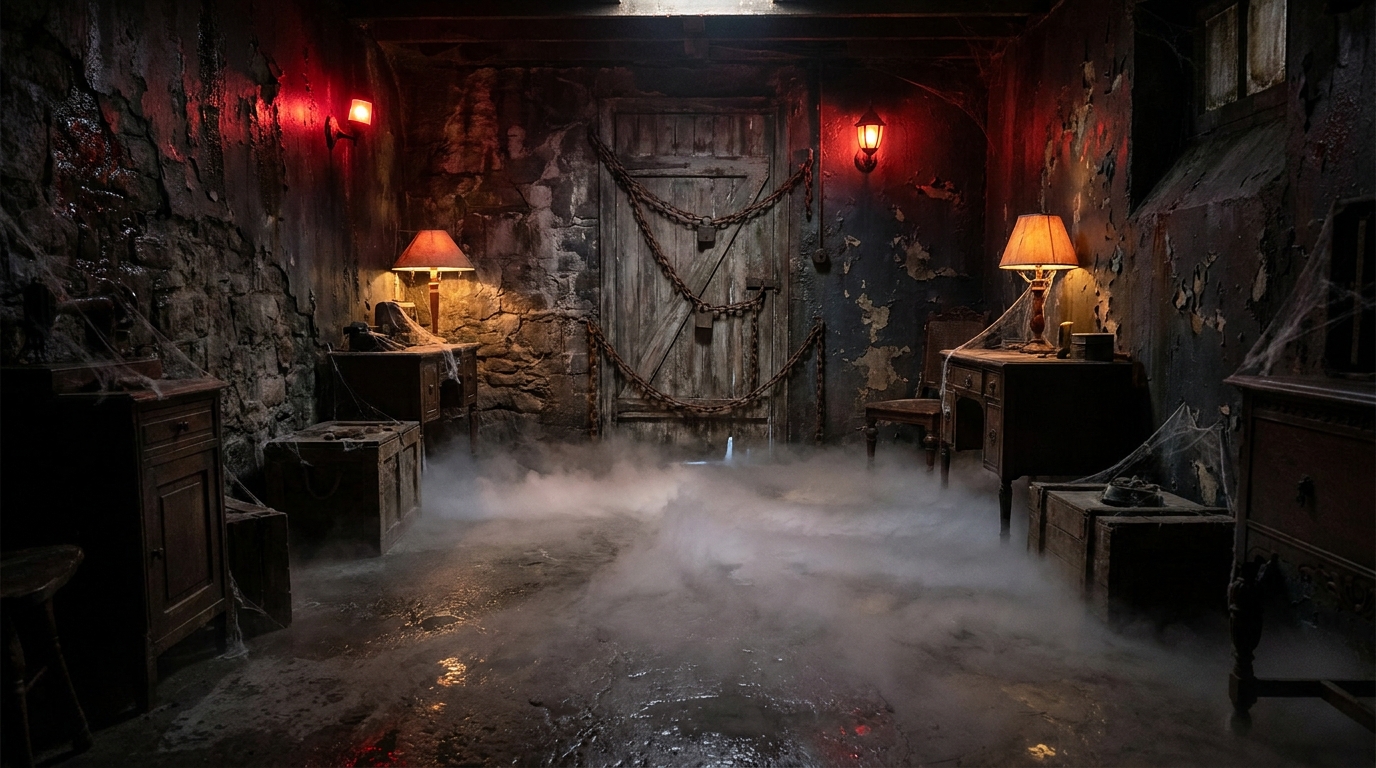 Dark atmospheric horror escape room interior with dim red lighting, grimy walls, and theatrical fog settling near the floor