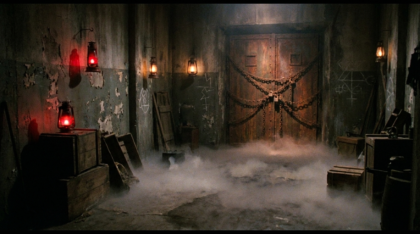 Dark atmospheric horror escape room interior with dim amber lighting, theatrical fog, and distressed walls