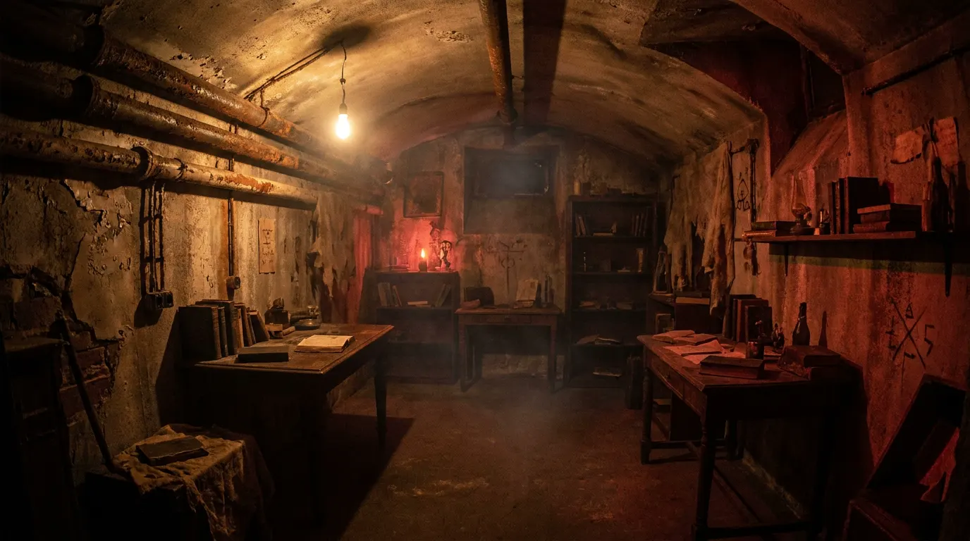 Cinematic interior of a horror escape room with dim amber lighting, aged walls, and a haunting atmospheric haze