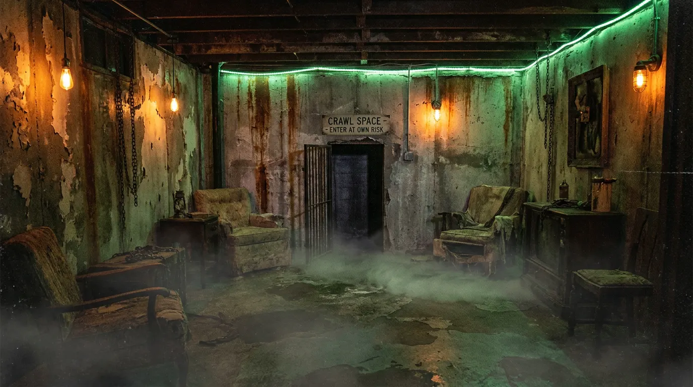Dark, fog-filled corridor inside a horror escape room in Kansas City with dim amber lighting and grungy walls