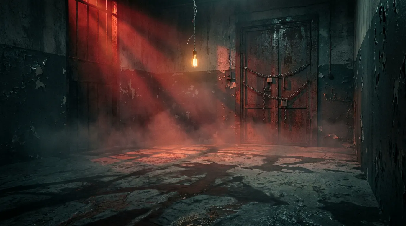 Inside a dark horror escape room with rusted chains, dim red lighting, and drifting fog