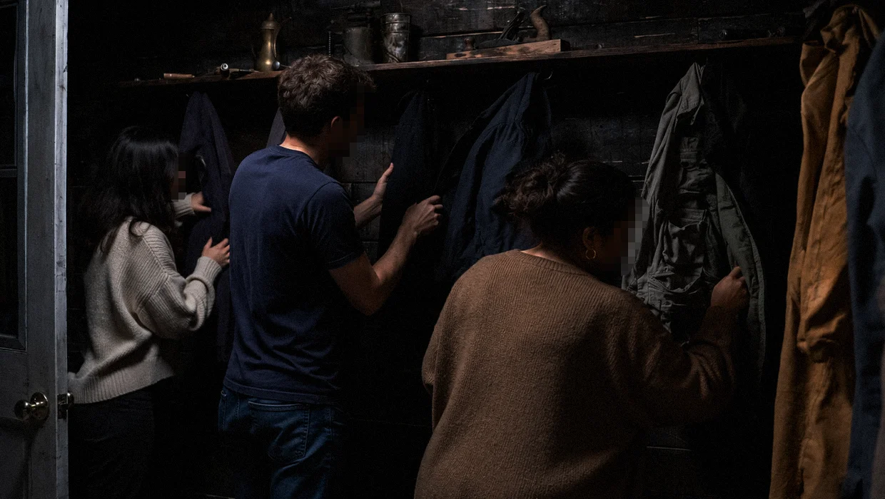 Outdoor courtyard escape room scene at The Basement Los Angeles