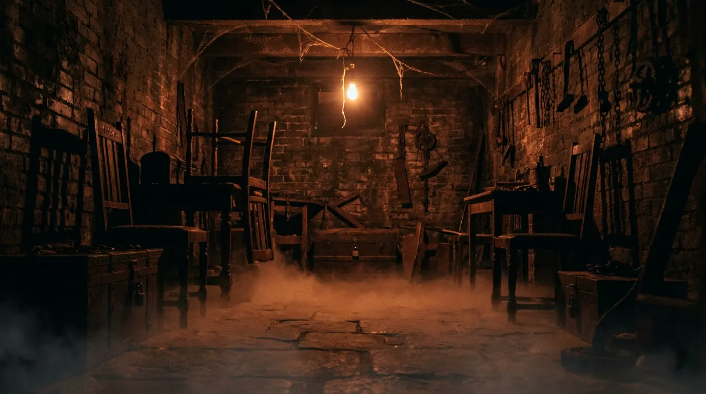 Dark, atmospheric interior of a horror escape room with dim amber lighting and scattered clues on a grimy floor